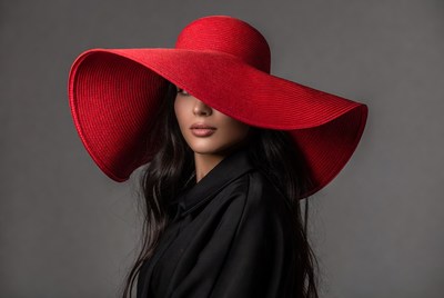 Woman wearing oversized red sun hat