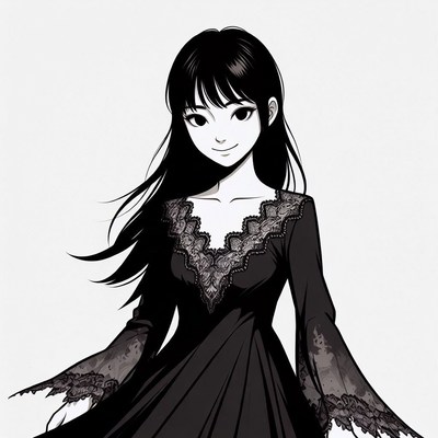 Anime girl in black lace dress