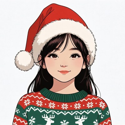 Asian girl in Santa hat and sweater