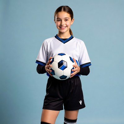 Girl holding soccer ball in uniform