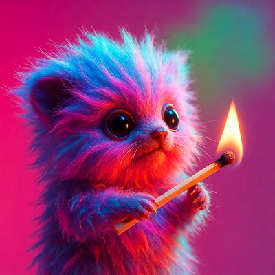 Fluffy Blue Kitten Holding Lit Match