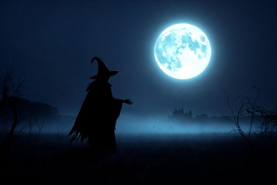 Silhouette witch under full moon