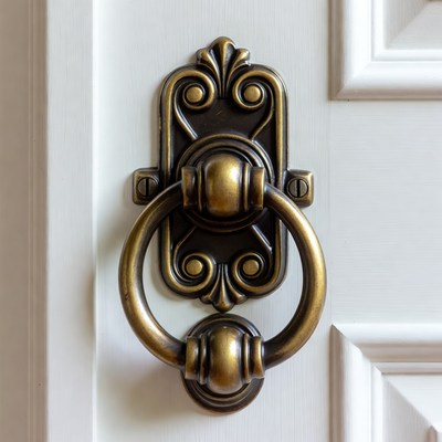Brass Door Knocker on White Door