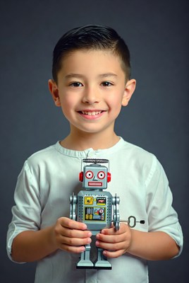 Asian boy holding toy robot