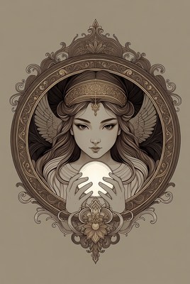 Woman holding glowing orb in ornate frame