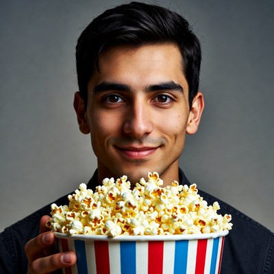 Young man holding popcorn