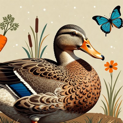 Mallard duck with butterfly and carrot
