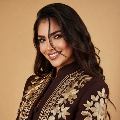 Smiling woman in gold embroidered jacket