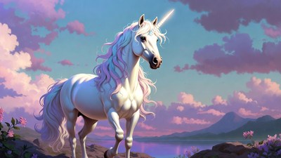 Majestic white unicorn on cliff