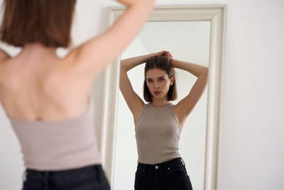 Woman fixing hair in mirror