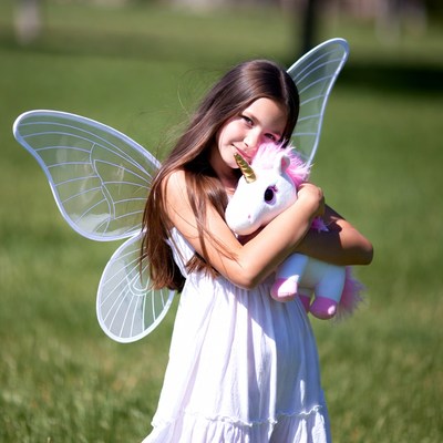 Girl hugging unicorn with fairy wings