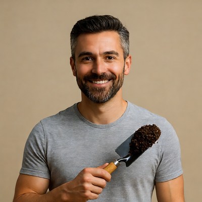 Smiling man holding trowel with soil