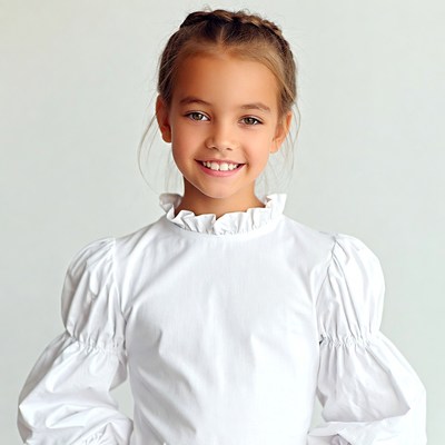 Smiling girl in white puffed sleeve blouse