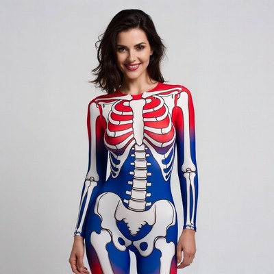 Woman in colorful skeleton bodysuit