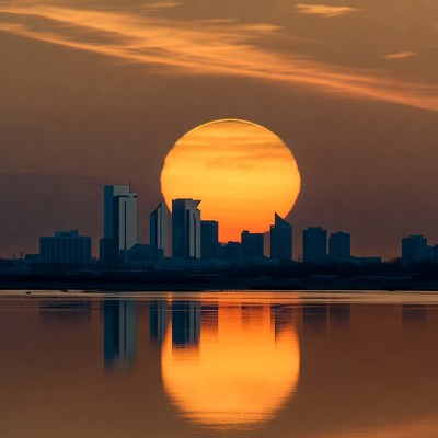 Sunset over city skyline with water reflection