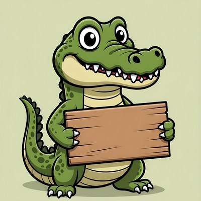 Cartoon crocodile holding blank sign
