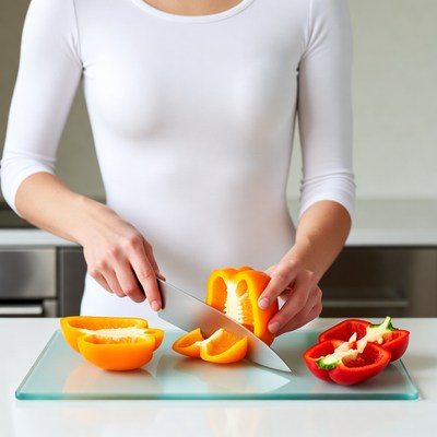 Woman cutting orange bell peppers