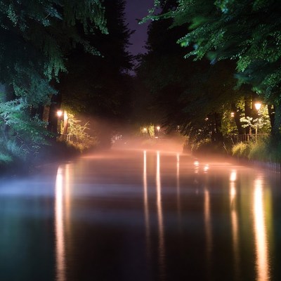 Foggy Canal Path at Night