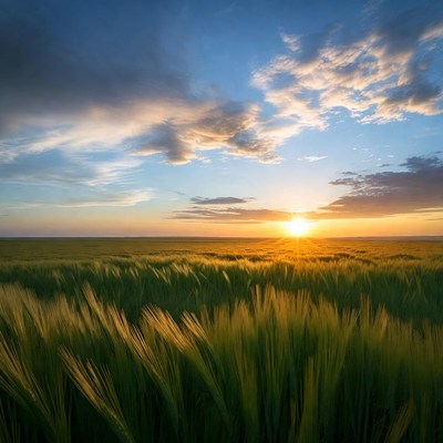 Sunset over golden wheat field