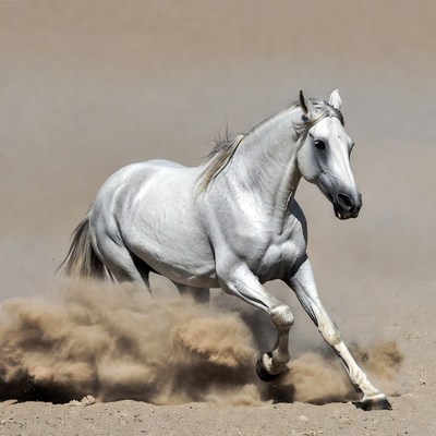 White horse galloping in desert sand