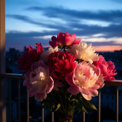 Bouquet of pink and white peonies at sunset