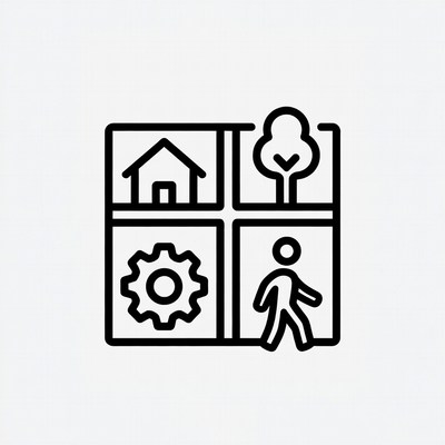House Tree Gear Walking Man Icon