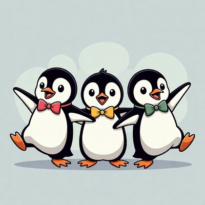 Three cartoon penguins with bow ties