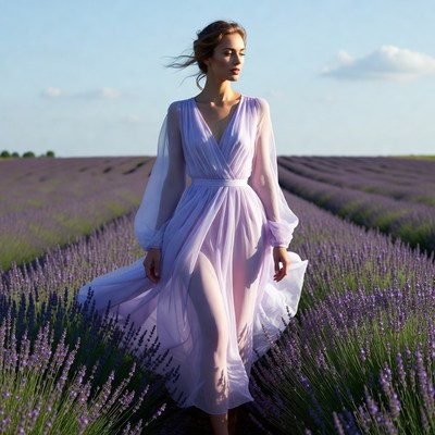 Woman in lavender dress walking in field