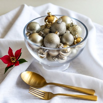 Gold Christmas Ornaments in Glass Bowl