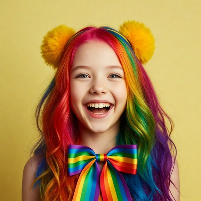 Girl with rainbow hair and pom poms