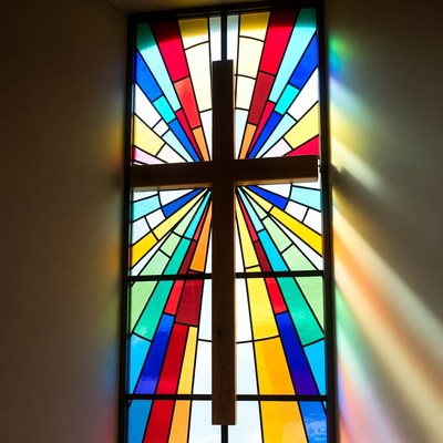 Wooden Cross in Colorful Stained Glass Window