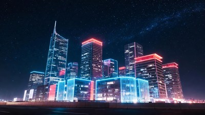 Neon-lit skyscrapers under starry night sky