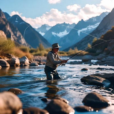 Man fly fishing in mountain river