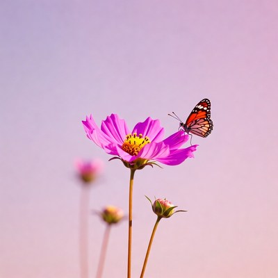 Butterfly on Pink Cosmos Flower