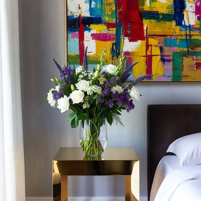 Purple White Bouquet on Gold Nightstand