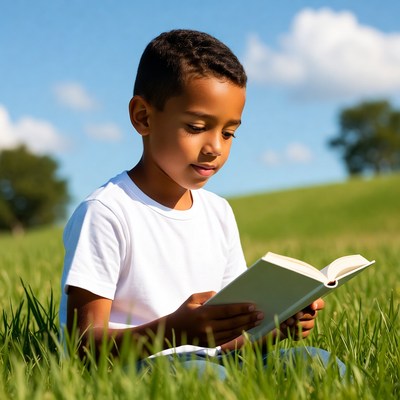 Young African-American boy reading book outdoors