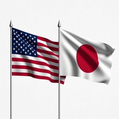US and Japanese Flags Waving