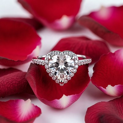 Heart Shaped Diamond Ring on Rose Petals