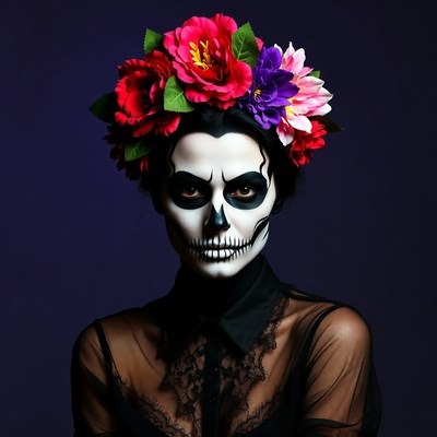 Woman with Sugar Skull Makeup and Flowers
