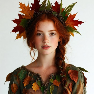 Redhead girl in autumn leaf crown
