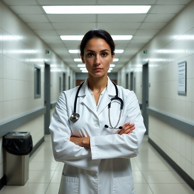 Female doctor arms crossed hospital hallway