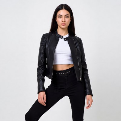 Woman in black leather jacket