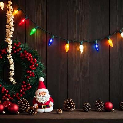 Small Santa Claus with Christmas Wreath and Lights