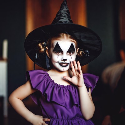 Girl in witch clown costume waving