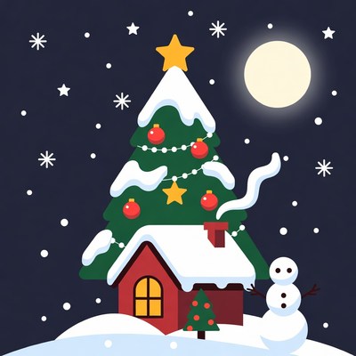 Snowy Christmas Tree and House Illustration