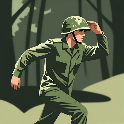 Soldier scanning forest in camouflage helmet