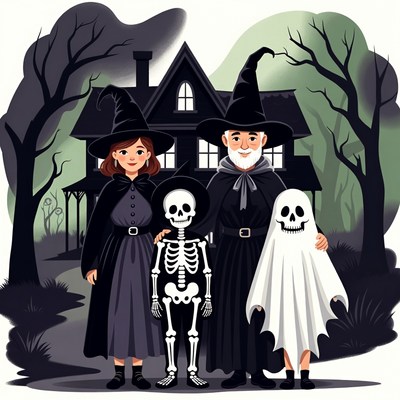 Halloween Witch Family with Skeleton and Ghost