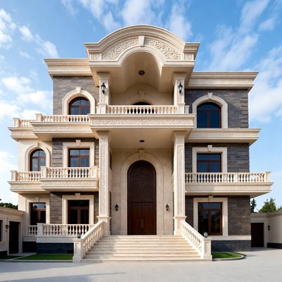 Luxurious Beige Stone Mansion Exterior