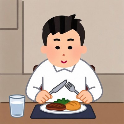 Asian man eating steak dinner