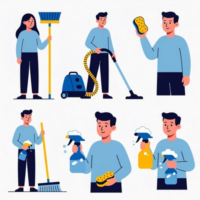 Cartoon People Cleaning with Tools